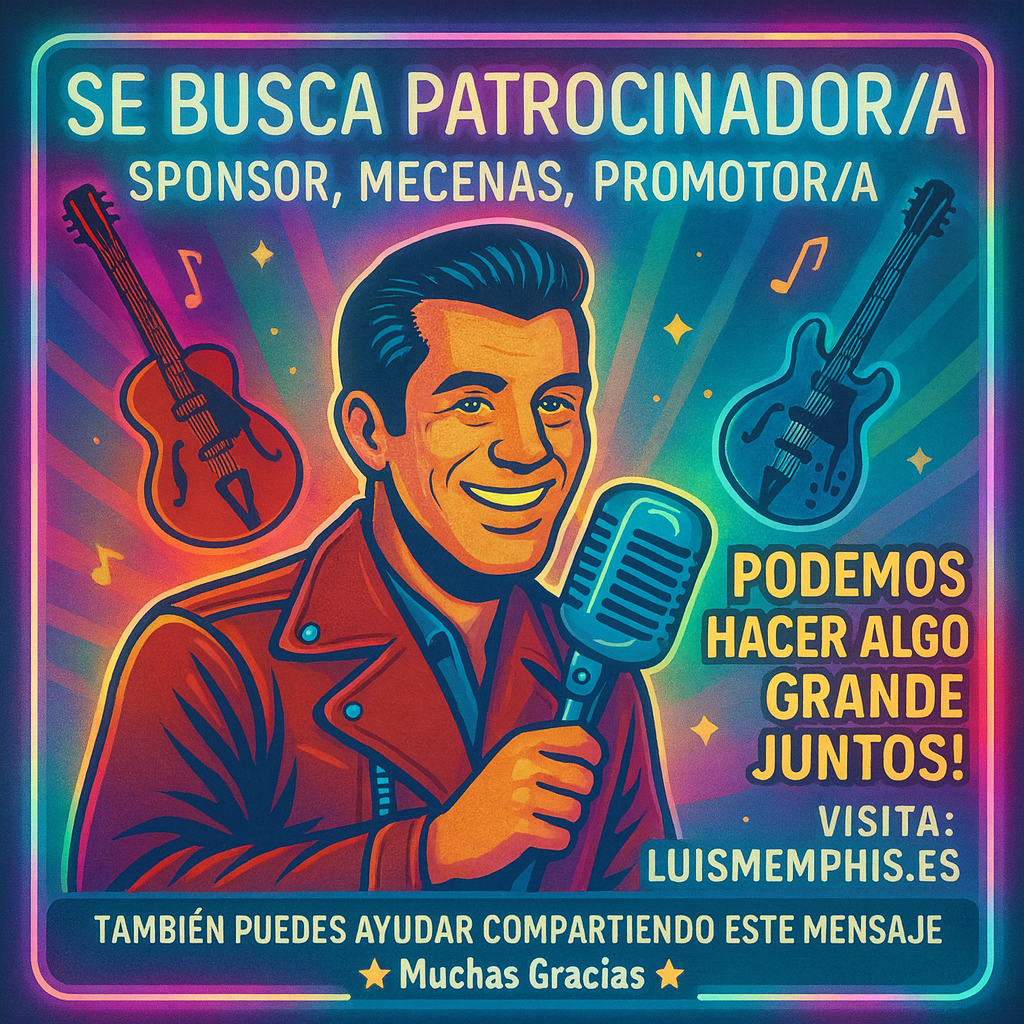 Ilustración estilo neón vintage rockero de Luis Memphis con micrófono clásico y guitarras de fondo buscando patrocinador o sponsor para proyectos musicales