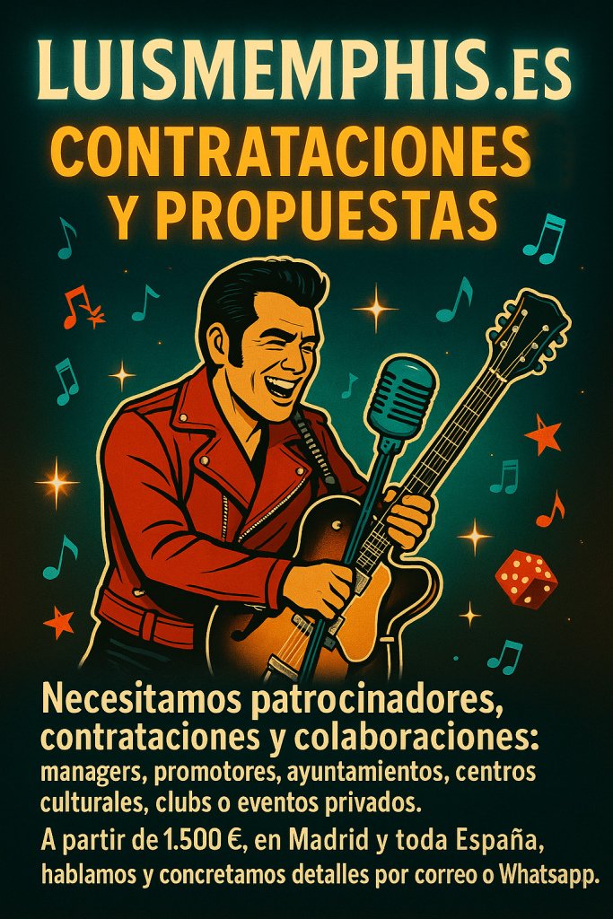 Cartel vintage de Luis Memphis con chaqueta roja, micrófono y guitarra eléctrica, anunciando contrataciones y propuestas para ayuntamientos, promotores y eventos. Actuaciones desde 1.500 € en Madrid y toda España.