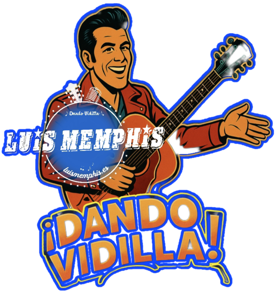 Personaje ilustrado de Luis Memphis con guitarra y reborde azul, logotipo Luis Memphis en azul y blanco y eslogan “Dando Vidilla”. Imagen enlazada al menú Dando Vidilla.