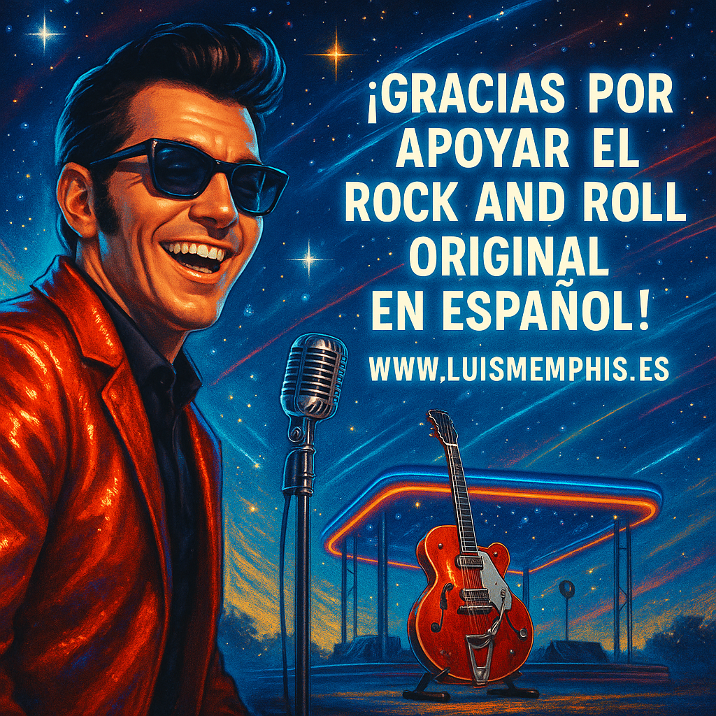 Ilustración estilo neón vintage de Luis Memphis sonriente con gafas y chaqueta roja, micro vintage y guitarra en un escenario cósmico. Mensaje de agradecimiento al rock and roll original en español.