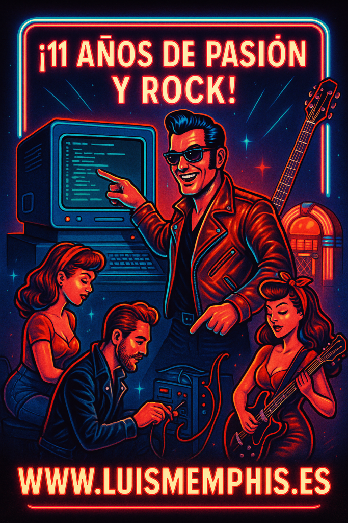 Ilustración vintage con Luis Memphis y su equipo trabajando junto a un ordenador retro, una guitarra y una jukebox, con el texto “11 años de pasión y rock – luismemphis.es”.