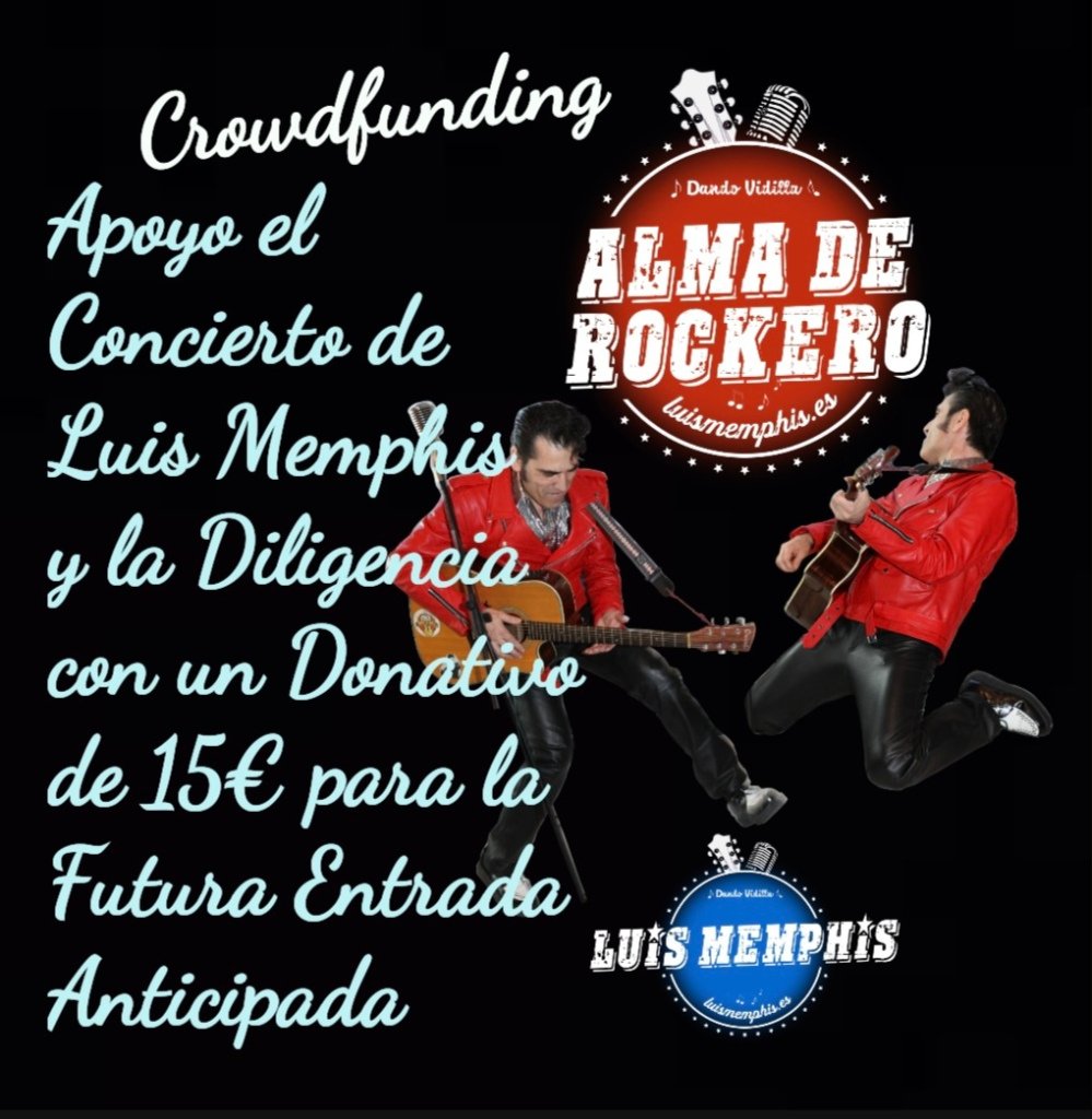 Luis Memphis posa con guitarra y chaqueta roja junto al logotipo Alma de Rockero y el texto que invita a apoyar su concierto con un donativo de 15 € como entrada anticipada.