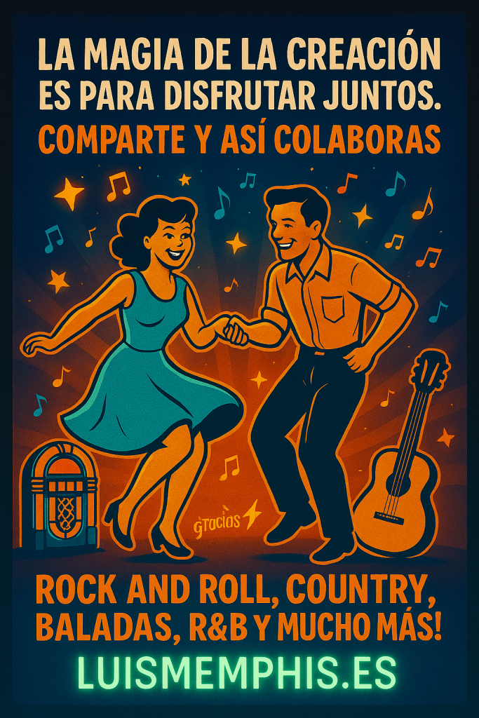 Ilustración vintage con pareja bailando entre notas musicales, jukebox y guitarra, con el mensaje “La magia de la creación es para disfrutar juntos. Comparte y así colaboras”.
