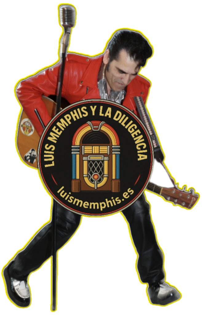 Luis Memphis interpreta con guitarra y micrófono en una pose rockera, acompañado del logotipo de Luis Memphis y La Diligencia sobre fondo negro.