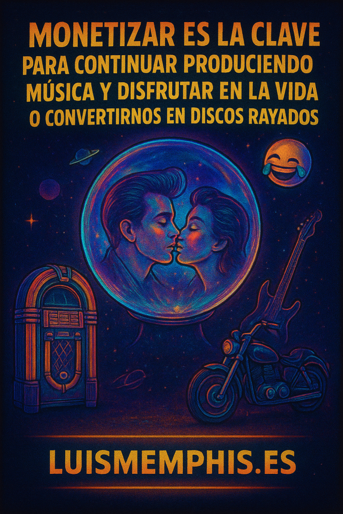 Ilustración vintage con estética espacial que muestra a una pareja besándose dentro de una burbuja, una jukebox, una moto con guitarra y una luna sonriente, acompañando el mensaje “Monetizar es la clave para continuar produciendo música y disfrutar en la vida”.