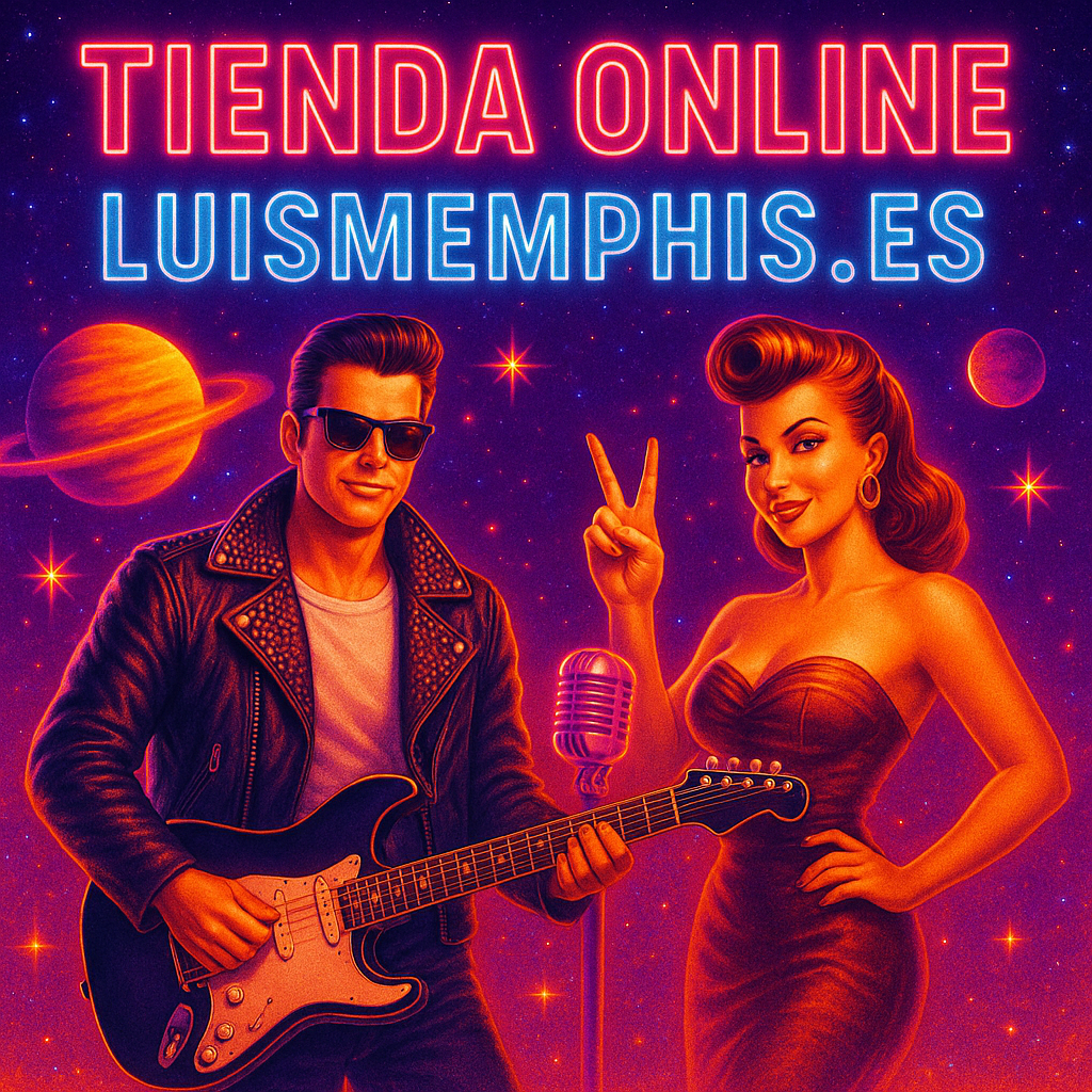 Imagen de tienda online de Luis Memphis con chico rocker y guitarra, chica pin up señalando victoria, micrófono vintage y fondo cósmico